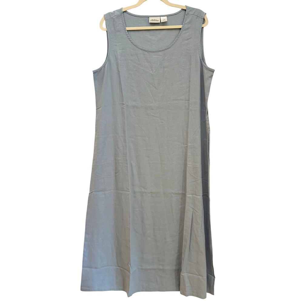 Vermont Country Store Blue Linen Blend Pocket Lagenlook Midi Tank Shift Dress L